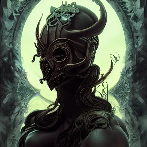 Prompt: vantablack occultist, pitchblack mask, beautiful, detailed symmetrical close - up portrait, intricate complexity, in the style of artgerm and peter mohrbacher, cel - shaded