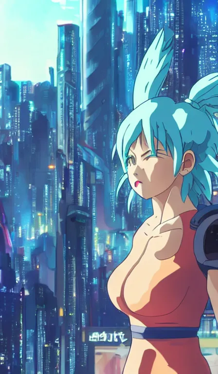 Image similar to anime fine details portrait of Bulma in front of cyberpunk moder city landscape on the background deep bokeh, close-up view, anime masterpiece by Studio Ghibli. 8k, sharp high quality anime, artstation