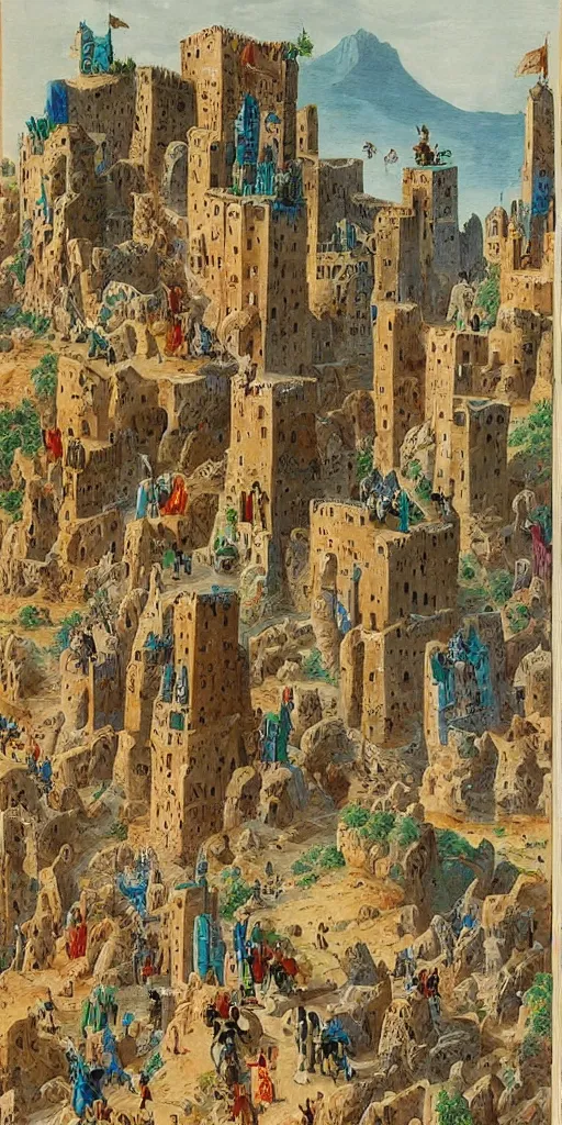 Image similar to a herd of goats climbing a tall citadel with tall towers and long stairs, colorful, beautiful, highly detailed