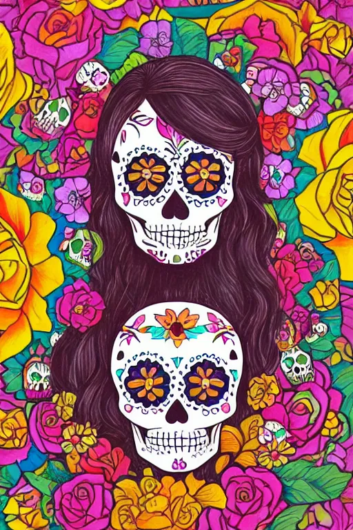 Prompt: illustration of a sugar skull day of the dead girl, art by naomi okubo