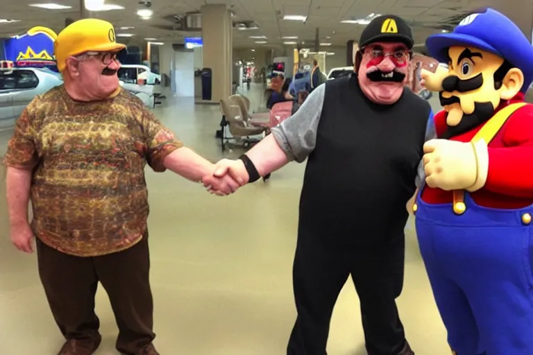 Image similar to a real life wario shaking hands with a real life mario