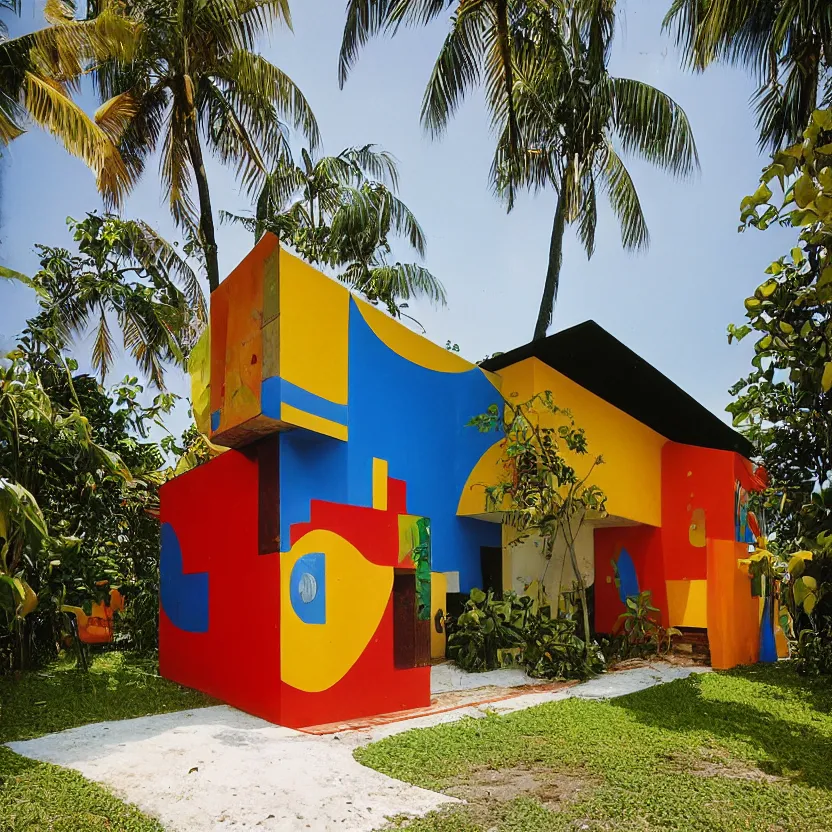 Prompt: 1 9 9 8 brazilian nordeste house designed by arthur bispo do rosario, helio oiticica, tarsila do amaral, frank weston and gustave baumann, major arcana, f - 9 1 / 1 2 5, brutalism, beach background, colorful refracted sparkles, star lines, soft light, 8 k