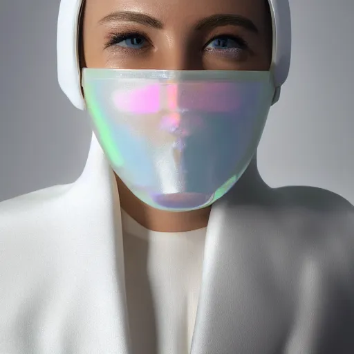 Image similar to an ultra high definition professional studio quality photograph of a transparent iridescent perspex pastel coloured face mask and coat on a white coat hook in an empty white room. dramatic lighting, ray tracing, refraction, shallow d. o. f, colour corrected, golden ratio, three point light. volumetric shadows. light rays.