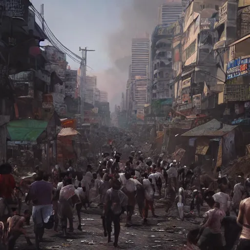 Image similar to crowded streets of manila turned hell filled with poverty, beggars and crime, demonic, hell, burning, suffering, depressing image, unreal engine, artstation hd