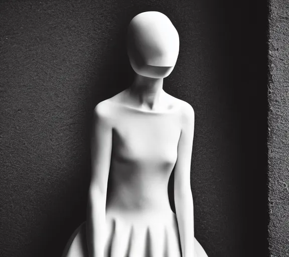 Prompt: extremely beautiful well lit fashion photo of a female statue wearing a neoprene asymmetrical ballgown in the style of rei kawakubo, yohji yamamoto, japanese avant garde fashion, statue, black marble, carving, glossy, vogue, beautiful lighting, clear, sharp focus, depth of field, portrait, editorial, vogue