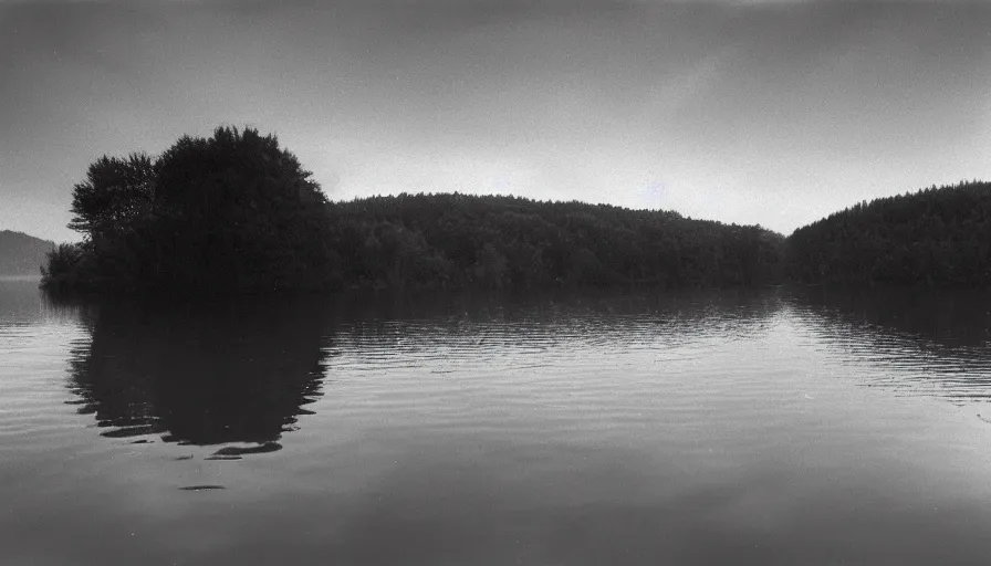 Image similar to photograph of an infinitely long rope floating on the surface of the water, the rope is snaking from the foreground towards the center of the lake, a dark lake on a cloudy day, anamorphic lens, kodak color film stock