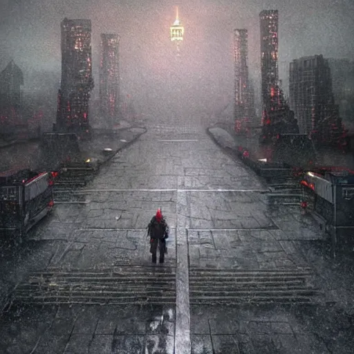 Image similar to a highly detailed epic cinematic concept art CG render digital painting artwork: rain melts concrete socialist monument. Soviet, gloomy, dystopian, night. By Greg Rutkowski, Ilya Kuvshinov, WLOP, Stanley Artgerm Lau, Ruan Jia and Fenghua Zhong, trending on ArtStation, made in Maya, Blender and Photoshop, octane render, excellent composition, cinematic atmosphere, dynamic dramatic cinematic lighting, aesthetic, very inspirational, arthouse
