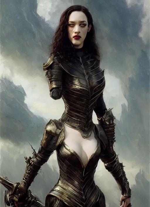 Image similar to kat dennings wearing black armour by gaston bussiere, bayard wu, greg rutkowski, giger, maxim verehin, greg rutkowski, masterpiece, sharp focus, cinematic lightning