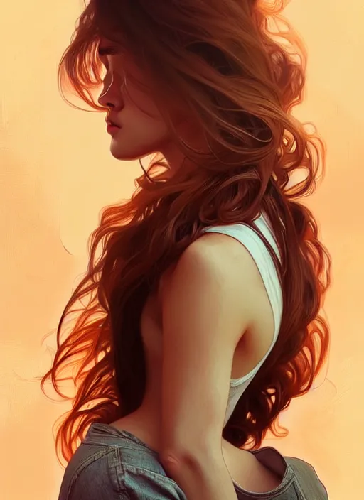 Image similar to handsome young women with shoulder length brown hair, half body shot, path traced, highly detailed, high quality, digital painting, alena aenami, lilia alvarado, shinji aramaki, karol bak, alphonse mucha, tom bagshaw