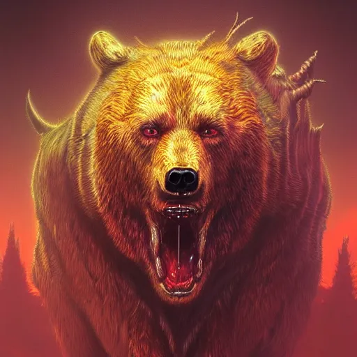 Prompt: photorealistic demon bear in the style of michael whelan and gustave dore. hyperdetailed photorealism, 1 0 8 megapixels, amazing depth, glowing rich colors, powerful imagery, psychedelic overtones, 3 d finalrender, 3 d shading, cinematic lighting, artstation concept art