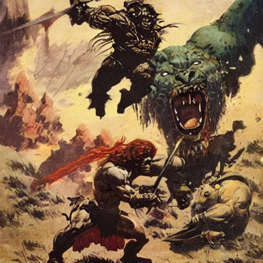 Image similar to Barbarian fighting monster by Frazetta