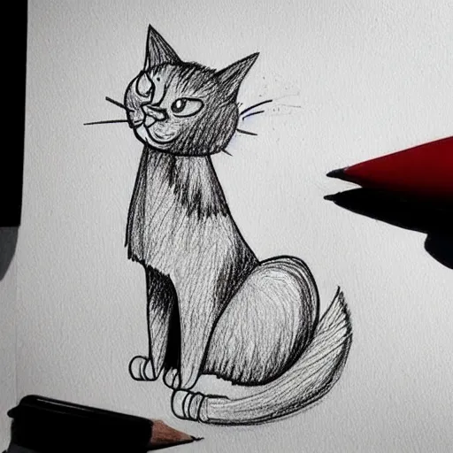 Prompt: An angry artist cries, he draws a simple drawing of a cat