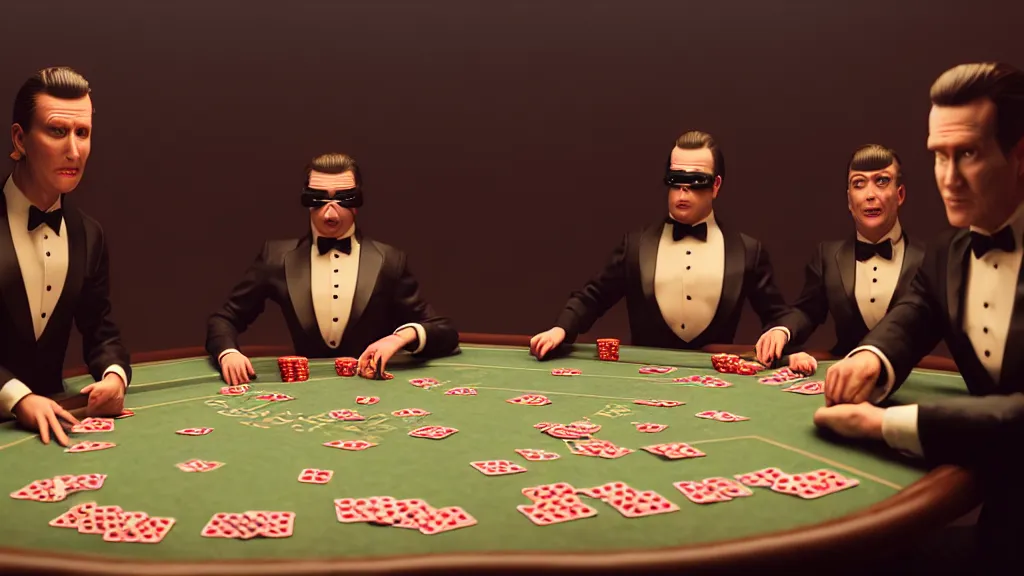 Image similar to hyperrealism simulation highly detailed human turtles'wearing detailed tuxedos and smoking, playing poker in sitcom scene from cyberpunk movie from future by wes anderson and denis villeneuve and mike winkelmann rendered in blender and octane render