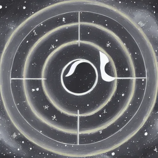 Image similar to a battle tank blasting upwards with yin - yang black and white symbol daoist paint, in a cosmic field