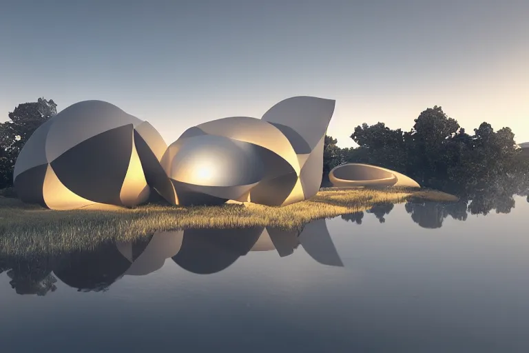 Prompt: a building formed by the intersection and combination of egg shaped spherical spaces of different sizes, on the calm lake, people's perspective, future, interior wood, marble, award winning, highly detailed 4 k art, dusk, unreal engine highly rendered, global illumination, radial light, internal environment by kazuyo sejima