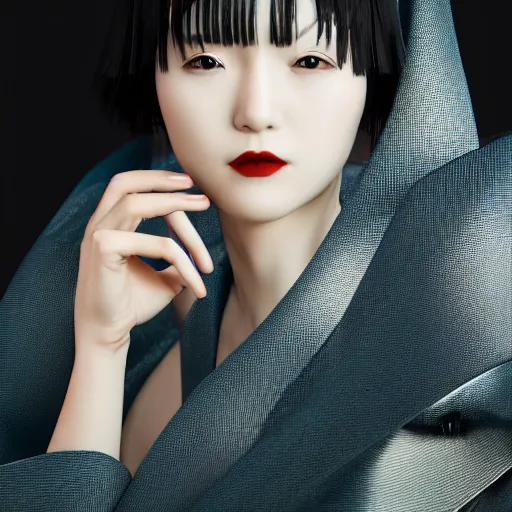 Image similar to japanese kimono inspired avant-garde art, deco fashion, highly detailed, photorealistic portrait, bright studio setting, studio lighting, crisp quality and light reflections, unreal engine 5 quality render