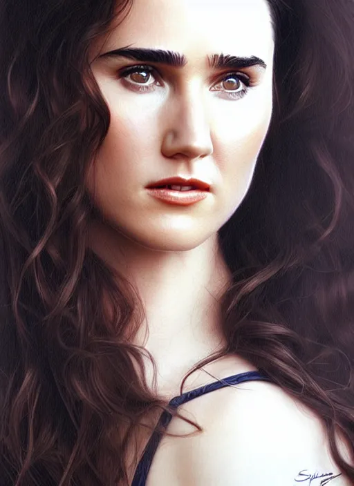 Image similar to a gorgeous young jennifer connelly with long soft hair in the style of stefan kostic, realistic, full body shot, wide angle, sharp focus, 8 k high definition, insanely detailed, intricate, elegant, art by stanley lau and artgerm, floating embers