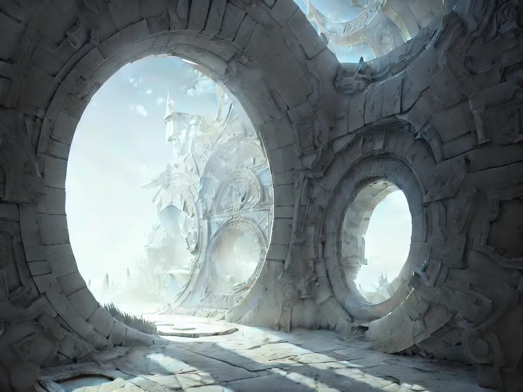 Prompt: circular gate in a white wall, leading to heaven. modern architecture. fantasy. detailed. smooth. sharp focus. trending on artstation. artist greg rutkowski.