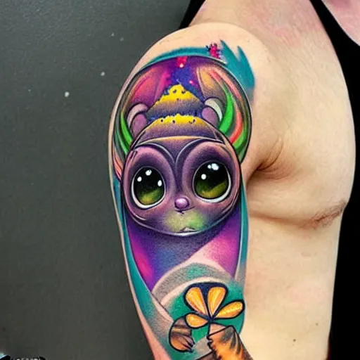 Image similar to shoulder tattoo of a multicolored spaced out cute bush baby, eyes are colorful spirals, surrounded with colorful magic mushrooms and marihuana leaves, insanely integrate