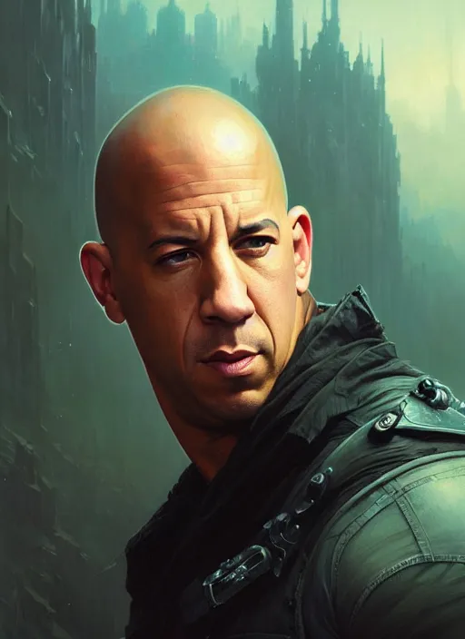 Prompt: Highly detailed portrait of vin diesel, Stephen Bliss, unreal engine, fantasy art by Greg Rutkowski, Loish, Rhads, ferdinand knab, Makoto Shinkai and Lois van baarle, ilya kuvshinov, rossdraws, Tom Bagshaw, alphonse mucha, global illumination, radiant light, detailed and intricate environment