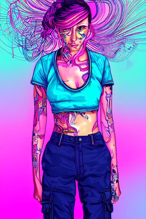 Image similar to a award winning half body portrait of a beautiful woman with stunning eyes in a croptop and cargo pants with ombre purple pink teal hairstyle and hands in pockets by thomas danthony, surrounded by whirling illuminated lines, outrun, vaporware, shaded flat illustration, digital art, trending on artstation, highly detailed, fine detail, intricate