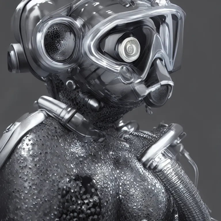 Image similar to octane render portrait by wayne barlow and carlo crivelli and glenn fabry, subject is a futuristic scuba diver with a shiny reflective silver metal helmet with colorful reflective goggles and covered in black ribbed rubber hoses, inside an aquarium, cinema 4 d, ray traced lighting, very short depth of field, bokeh