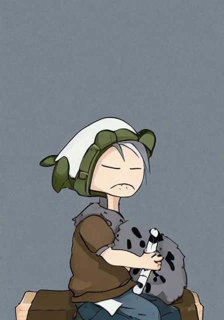Prompt: little boy wearing sheep suit playing a flute sitting on bed. white, gray, blue, green and brown pallet color. made in abyss art style, inspired in kris from deltarrune, cute detailed artwork, anatomically correct