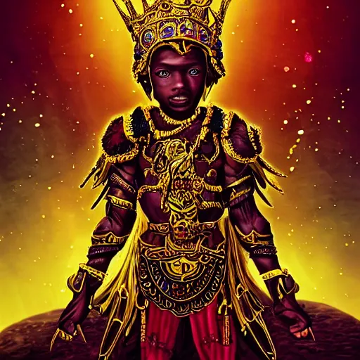 Prompt: a young black boy dressed like an african moorish warrior in gold armor and a crown with a ruby, posing with a very ornate glowing electric spear!!!!, elden ring character digital illustration portrait design, by android jones in a psychedelic fantasy style, dramatic lighting, hero pose, wide angle dynamic portrait