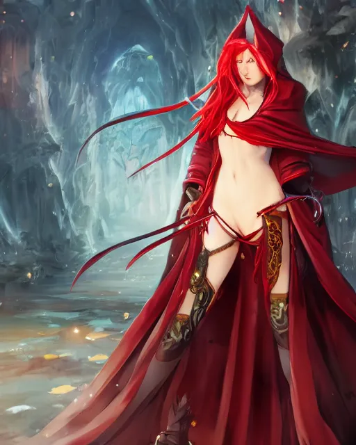 Prompt: a very beautiful anime sorceress, full body, long red hair, cloak with hood, fantasy town setting, cinematic lighting, highly detailed, trending on Artstation, Unreal Engine 4k, cinematic wallpaper by Stanley Artgerm Lau, WLOP, Rossdraws, James Jean, Andrei Riabovitchev, Marc Simonetti, and Sakimichan