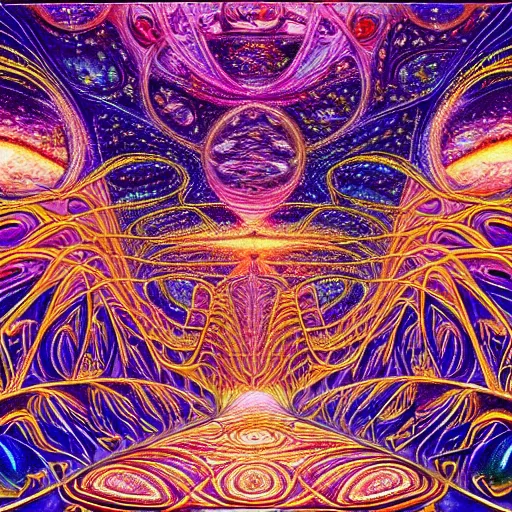 Image similar to beautiful and highly detailed painting of the inside of a dmt hyperspace filled with intricate and perfect patterns surrounded by infinite detailed rooms by moebius and alex grey