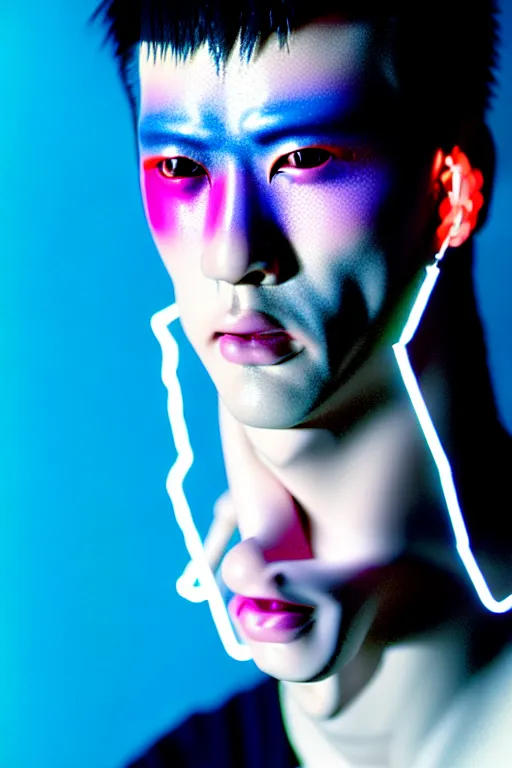 Image similar to a close - up risograph of cyberpunk japanese model men with black eyes and pretty face wearing lots of transparent and cellophane accessories, huge earrings, and queer make up, blue hour, twilight, cool, portrait, kodachrome, iso 1 2 0 0, photo by mayumi hosokura, style by moebius