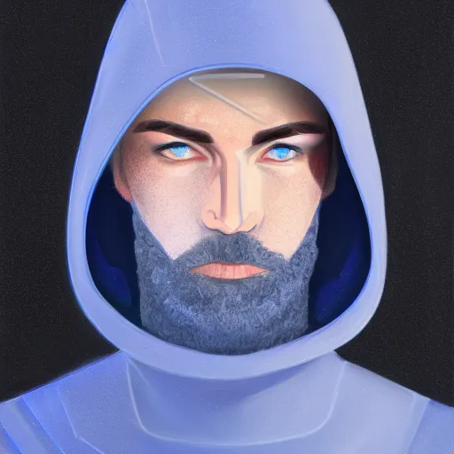 Prompt: a portrait of an ultradetailed futuristic male cyberpunk waring a hoodie, bearded, deep blue eyes, by dylan kowalski, 8 k, digital painting