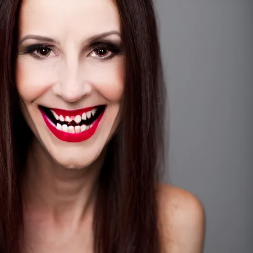 Prompt: professional headshot of an elegant female vampire in her 4 0 s smiling confidently at the camera, showing her long vampire fangs,. high resolution, nikon camera 8 k