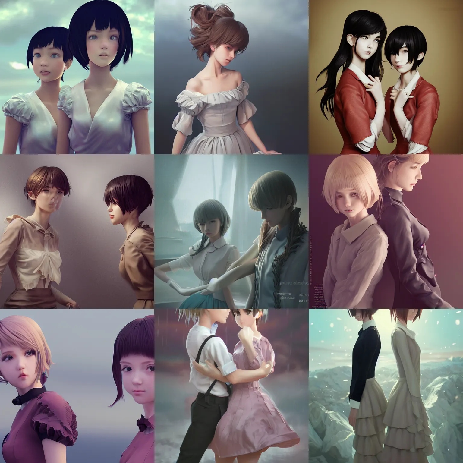 Prompt: worksafe. insanely detailed. by wlop, ilya kuvshinov, krenz cushart, greg rutkowski, pixiv. zbrush sculpt, octane, maya, houdini, vfx. two gorgeous young cg gentle girlish feminine sissy boys with ponytail hairstyle in princess dress posing together, in luxury advertisement. cinematic dramatic atmosphere, sharp focus, volumetric lighting