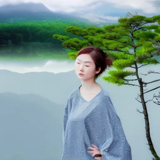 Image similar to a beautiful photograph of a girl with japan landscape in the background with trees, hdr, 8 k, high quality, sharp focus, artstation, highly detailed, award - winning, dramatic lighting, beautiful clouds, and nature