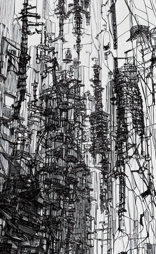 Image similar to minimalist city scene by tsutomu nihei, inked, minute details, desolation, hyper realistic, cosmic horror, biomechanical, beautiful