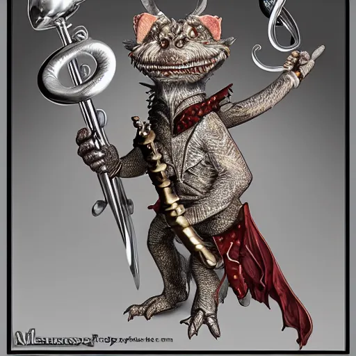 Prompt: a portrait of a friendly kobold with silver scales holding a musical horn, pathfinder kobold, fantasy character art