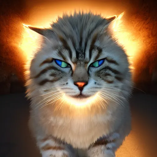 Image similar to colossal fluffy tabby cat going super saiyan, golden hour, fantasy, sharp focus, digital art, hyper realistic, 4 k, unreal engine, highly detailed, hd, dramatic lighting by brom, trending on artstation