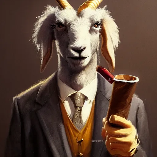 Image similar to award winning character art commission of an anthro furry humanoid goat smoking a cigar, three piece suit, character concept design, painting, detailed, vivid, trending on artstation, art by greg rutkowski