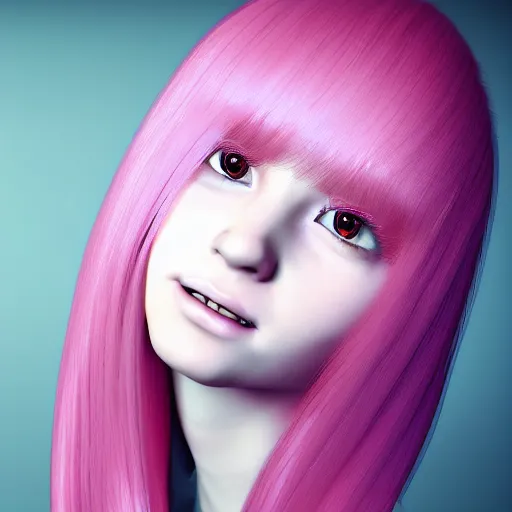 Image similar to A portrait of Nikki from Shining Nikki, a 3d cgi toon young woman with long pink hair, full bangs, amber eyes, full face, light makeup, pale skin, Chinese, medium shot, mid-shot, soft focus, 4k, trending on artstation