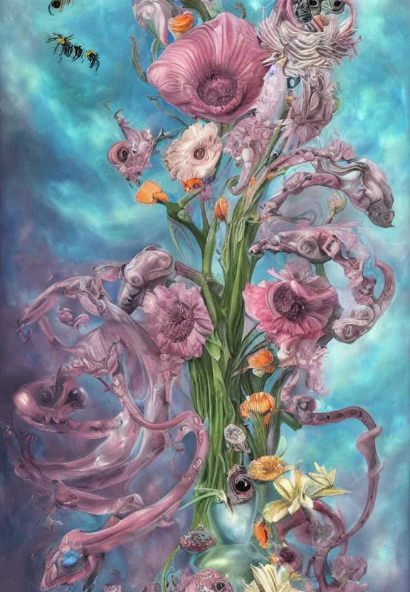 Image similar to a biomorphic painting of a vase with flowers and eyeballs in it, a surrealist painting by marco mazzoni, by dorothea tanning, pastel blues and pinks, featured on artstation, metaphysical painting, oil on canvas, fluid acrylic pour art, airbrush art, bees, seapunk, rococo, lovecraftian