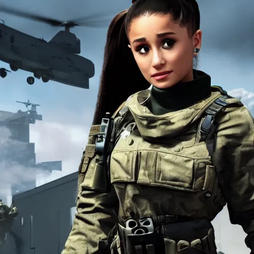 Image similar to Ariana Grande in Call of Duty, 4k