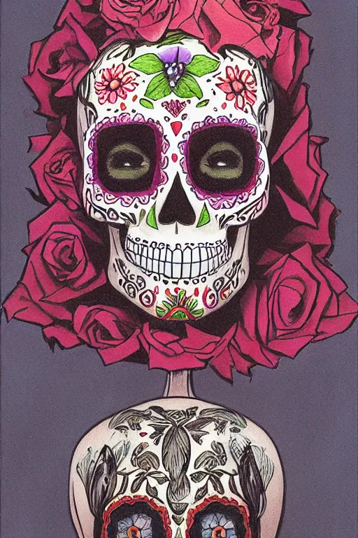 Image similar to Illustration of a sugar skull day of the dead girl, art by ralph mcquarrie