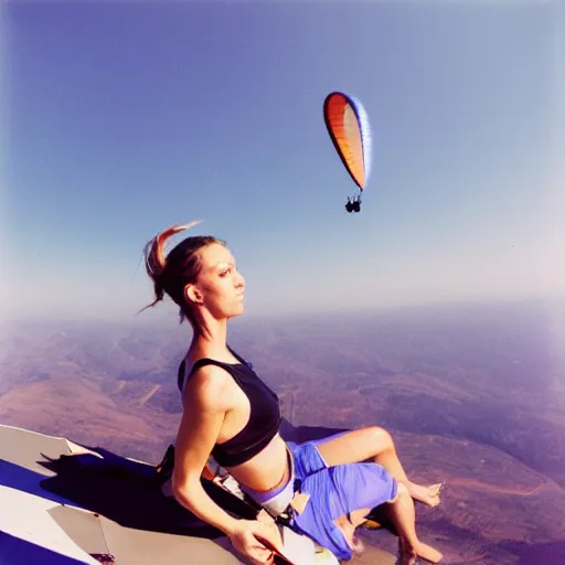 Image similar to extremely realistic photograph of a beautiful woman doing push-ups on a paraglided, 35mm photograph