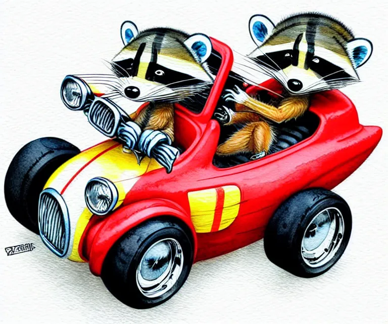 Image similar to cute and funny, racoon wearing racing helmet riding in a tiny hot rod coupe with oversized engine, ratfink style by ed roth, centered award winning watercolor pen illustration, isometric illustration by chihiro iwasaki, edited by range murata