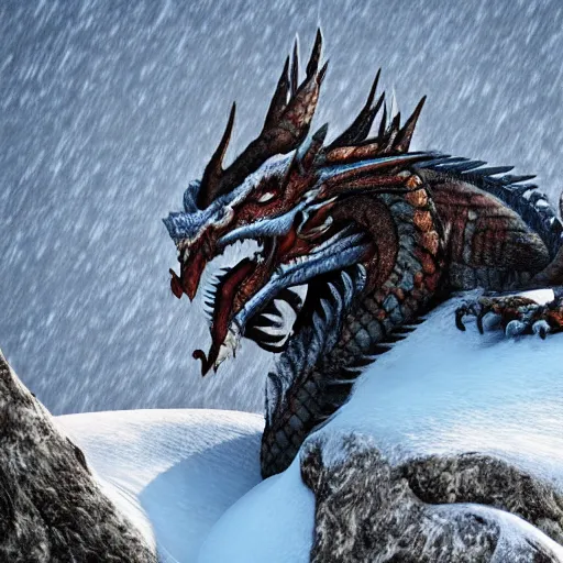 Image similar to Western dragon majestic and powerful resting curled up atop a mountain in the snow. 4k, hyper realistic