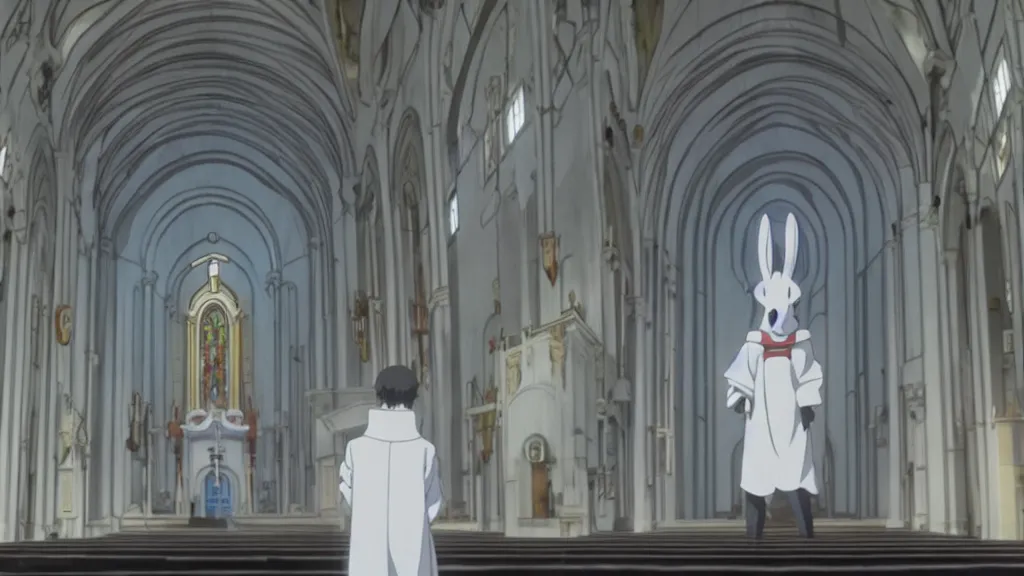 Image similar to a man wearing priest clothes and a white rabbit mask standing in a white marble church, anime film still from the an anime directed by Katsuhiro Otomo with art direction by Salvador Dalí, wide lens