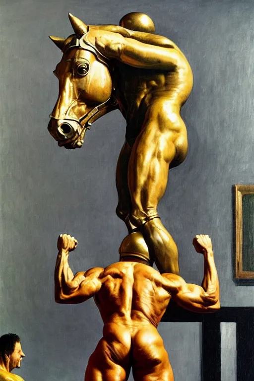 Image similar to bodybuilder in an astronaut helmet lifts a statue of a horse, highly detailed painting by francis bacon, edward hopper, adrian ghenie, gerhard richter, and james jean soft light 4 k,