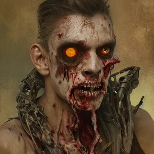 Image similar to painting painting of a male zombie, ultra realistic, concept art, intricate details, eerie, highly detailed, photorealistic, octane render, 8 k, unreal engine. art by artgerm and greg rutkowski and alphonse mucha