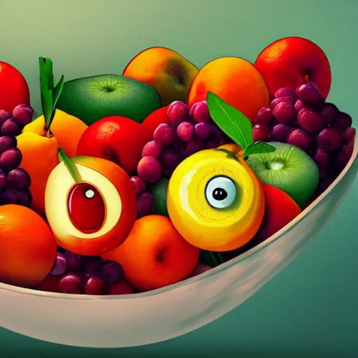 Image similar to a still life of a bowl of fruit with googly eyes on all the fruit, trending on artstation